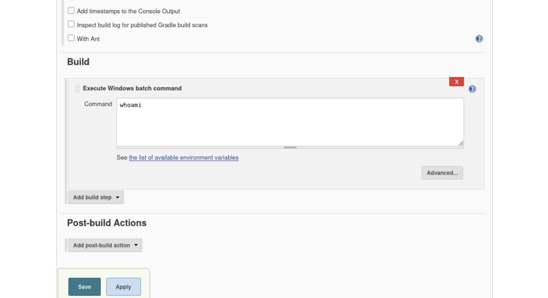 Jenkins Configure Build section showing Execute Windows batch command box with whoami pre-filled